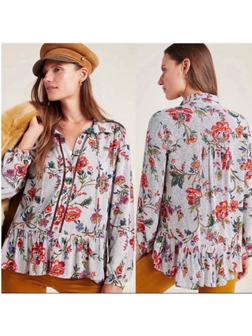 Maeve X Anthropologie Janie Flounced Peasant Blouse Floral Boho Bohemian Peplum
